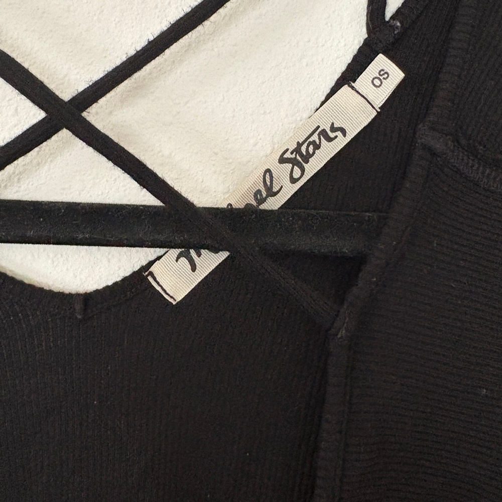 Michael Stars Black Ribbed V Neck Lace Up Long Sleeve Top Y2K Cottagecore Style - Picture 3 of 5